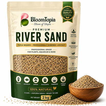 BloomTopia river sand pouch beside a bowl of sand.