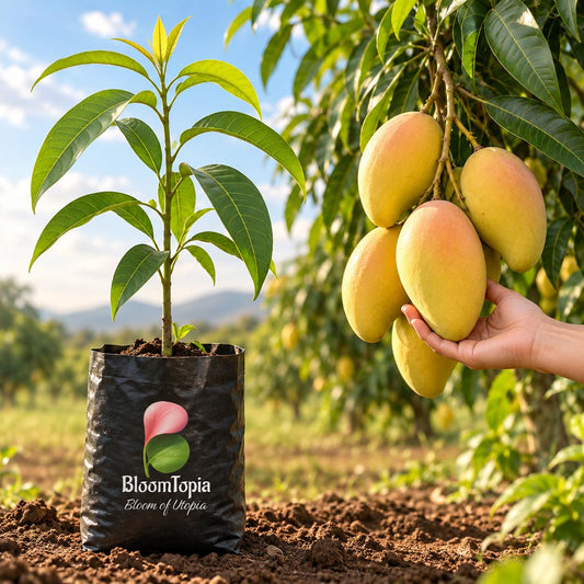 Illustration comparing young Thai Katimon Mango nursery growth with a mature plant.