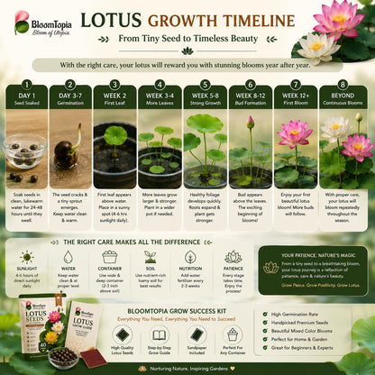 Illustrated lotus seedling and plant-development timeline.
