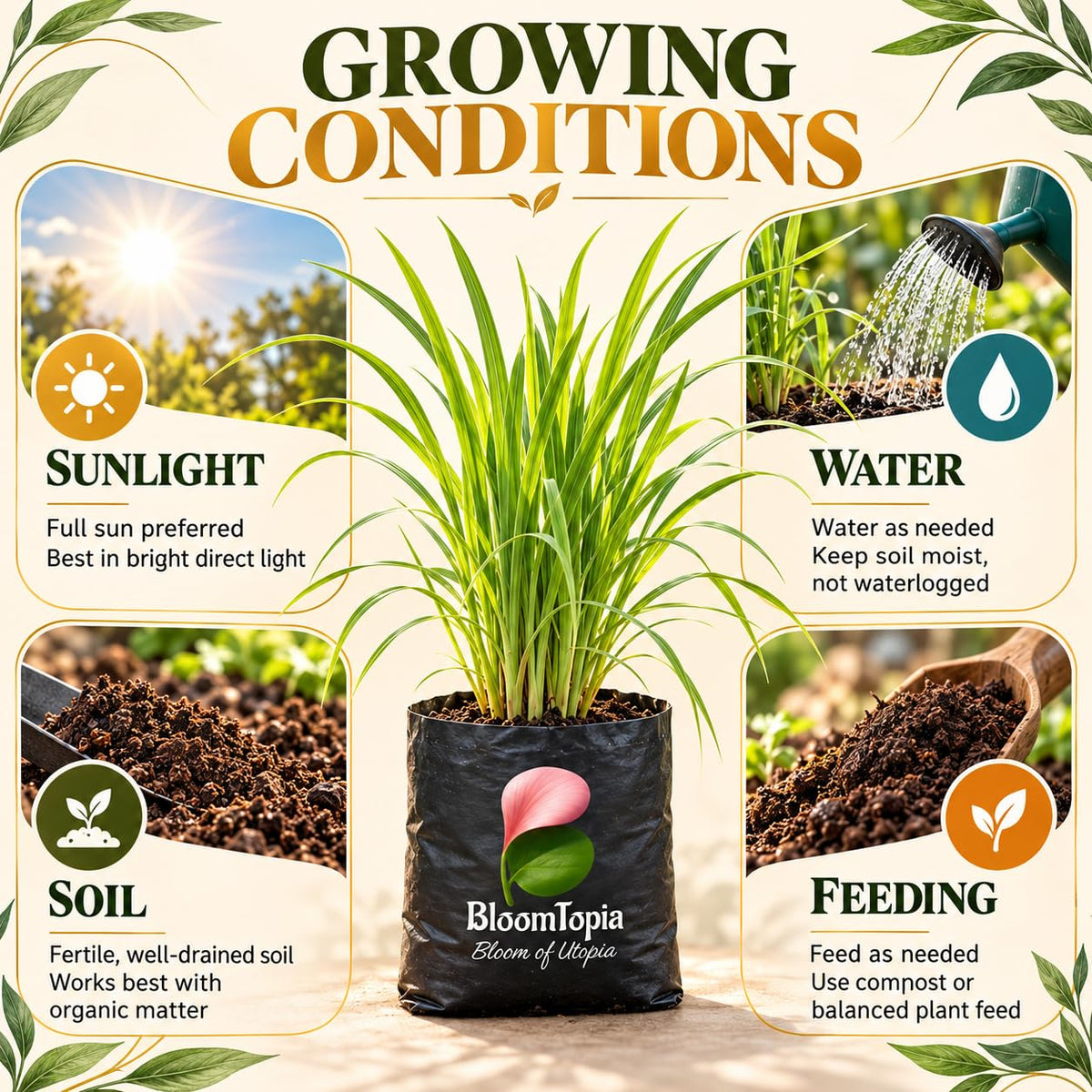 Sunlight, water, soil and feeding guide for Lemongrass.