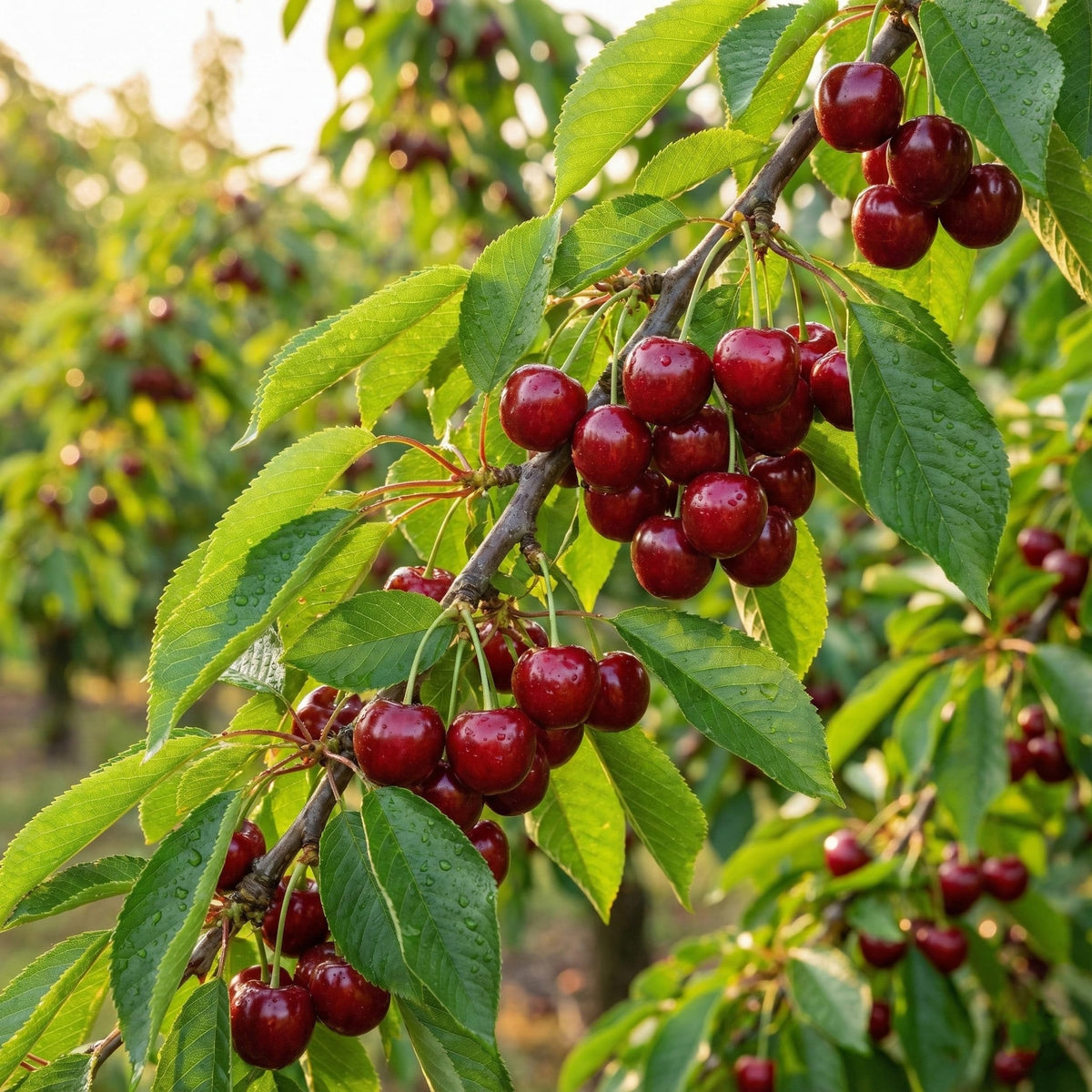Clusters of red fruit hanging on leafy branches.