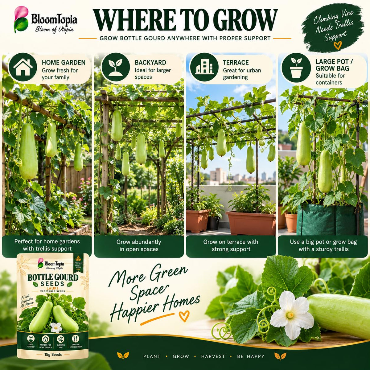 Illustrated garden and trellis locations for bottle gourd.