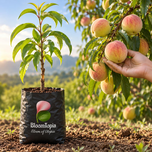 Illustration comparing young Sharbati Peach Grafted nursery growth with a mature plant.