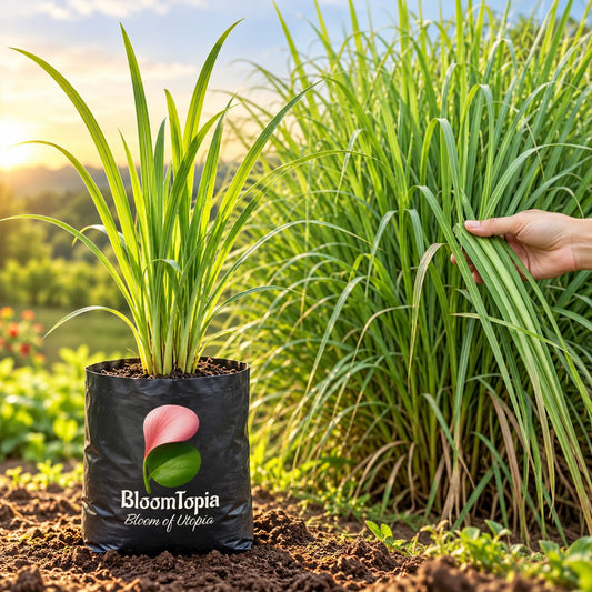 Illustration comparing young Lemongrass nursery growth with a mature plant.