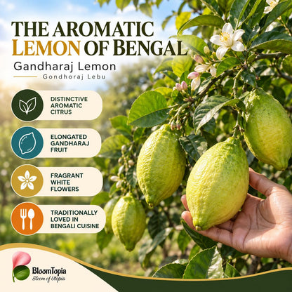 Illustration of mature Gandharaj Lemon features with variety callouts.