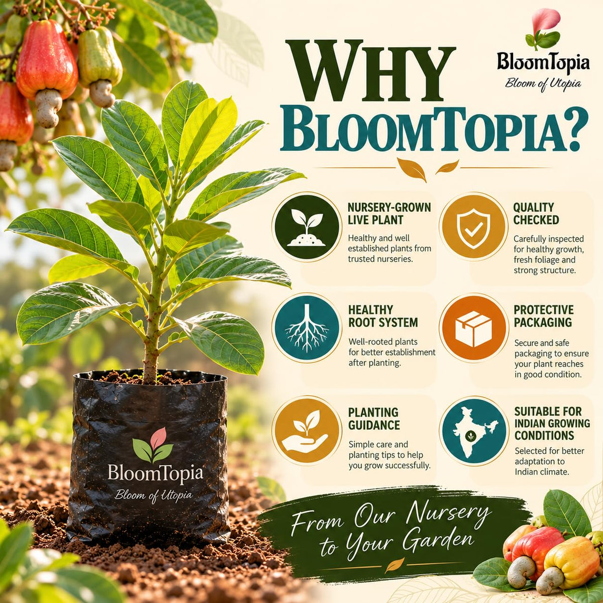 BloomTopia plant-handling and brand-information panel featuring Kaju Badam Cashew Nut.