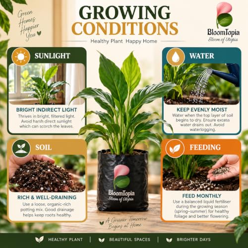 Sunlight, water, soil and feeding guide for Peace Lily (Spathiphyllum).