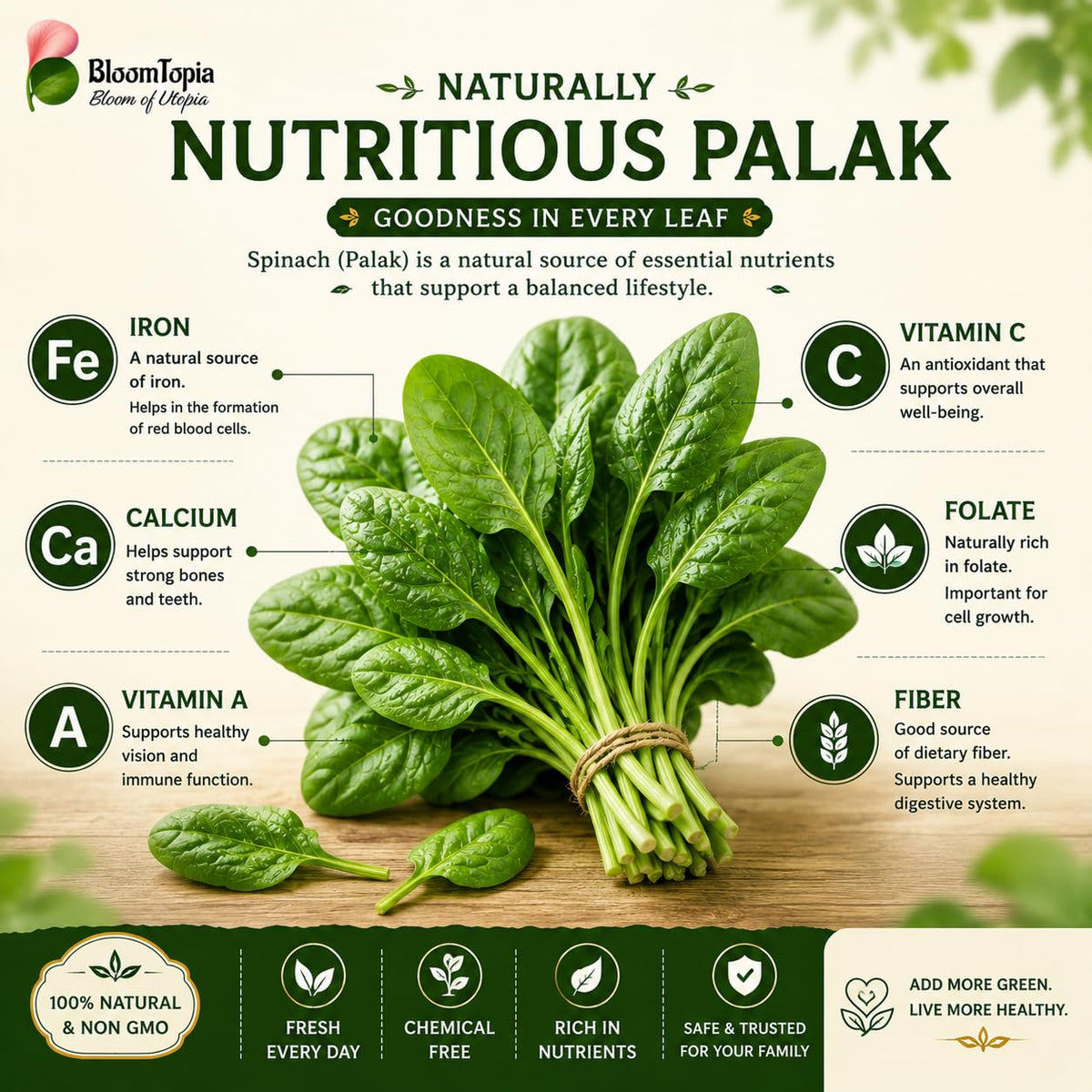 Palak spinach leaves with nutrition information.