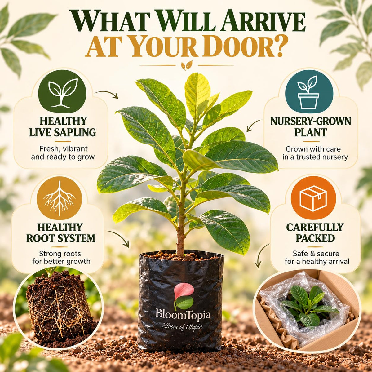 Illustrated plant, root close-ups and pack-presentation panel for Kaju Badam Cashew Nut.